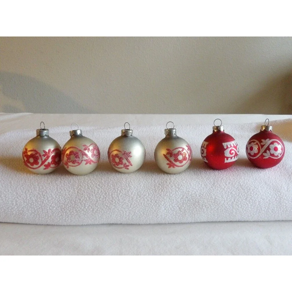 Vintage Lot 6x Glass Ball Red White Glitter Christmas Ornament Flower 1.75